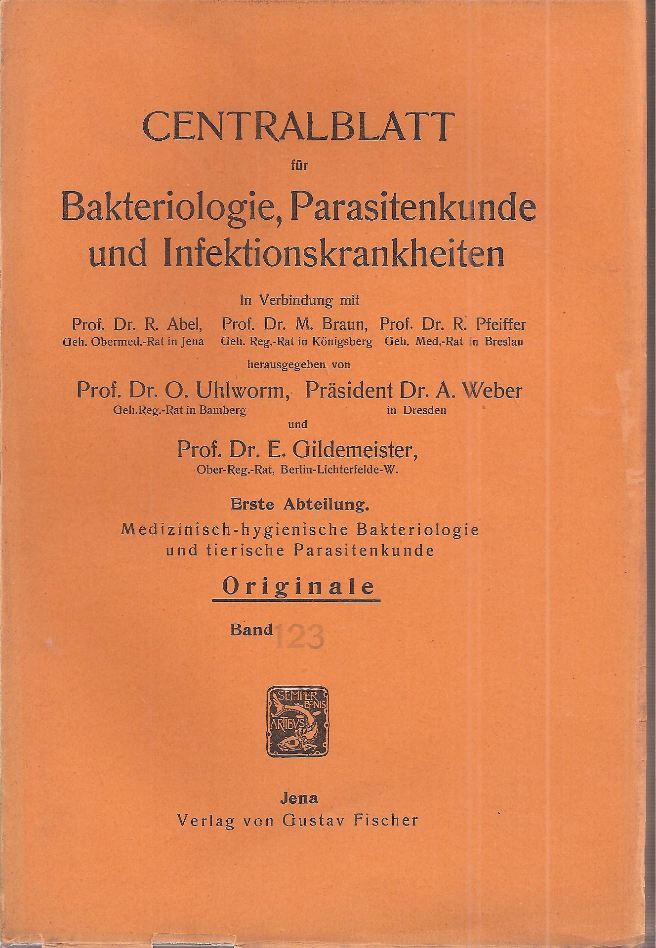 Centralblatt für Bakteriologie,Parasitenkunde  Centralblatt für Bakteriologie,Parasitenkunde Band 123 