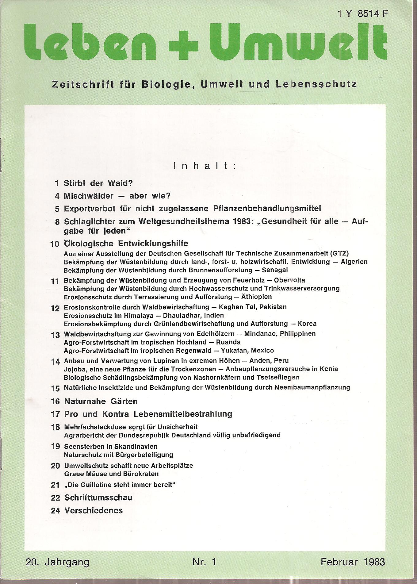 Leben + Umwelt  Leben + Umwelt 20.Jahrgang 1983, Nr. 1 bis 6 (6 Hefte) 