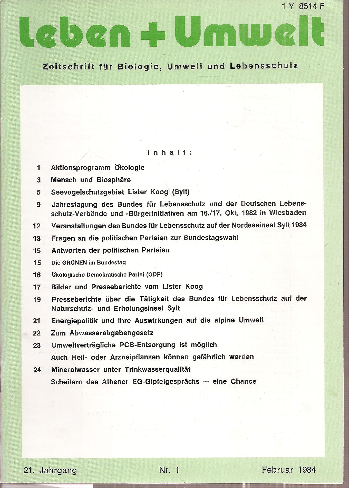 Leben + Umwelt  Leben + Umwelt 21.Jahrgang 1984, Nr. 1 bis 6 (6 Hefte) 