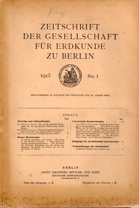 Zeitschrift d.Gesellschaft für Erdkunde zu Berlin  Gesellschaft für Erdkunde zu Berlin Jahrgang 1915.No.1,2,3,4,5,8 und 9 