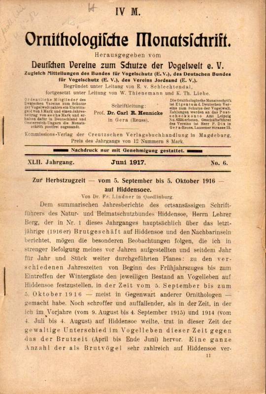 Ornithologische Monatsschrift  42.Band Jahrgang 1917.Nr.6,7,8,9,10,11,12 