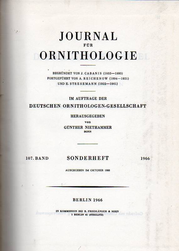 Journal für Ornithologie  Journal für Ornithologie 107 Band 1966 Heft 1 bis 3/4 (1 Band) 