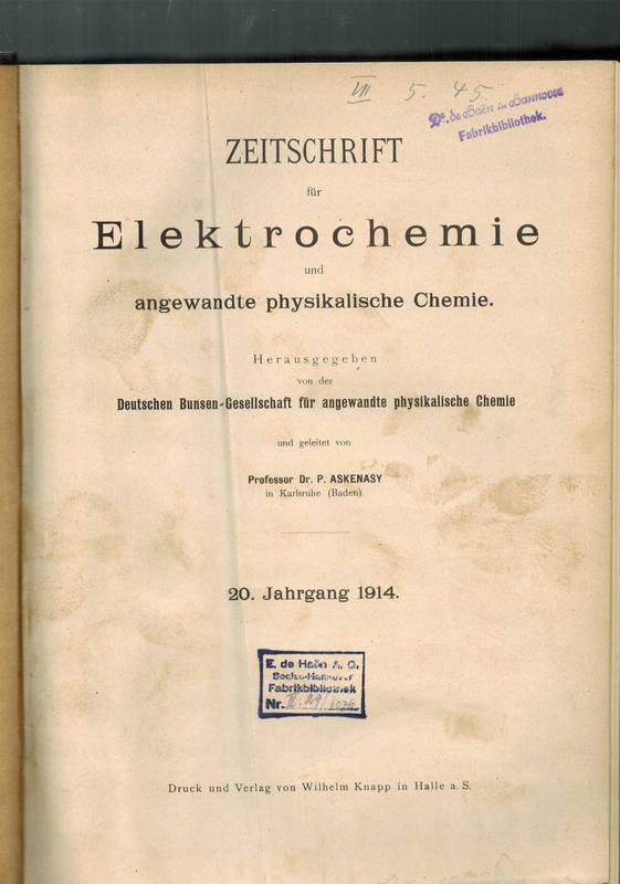 Zeitschrift für Elektrochemie  Zeitschrift für Elektrochemie 20. Jahrgang 1914 