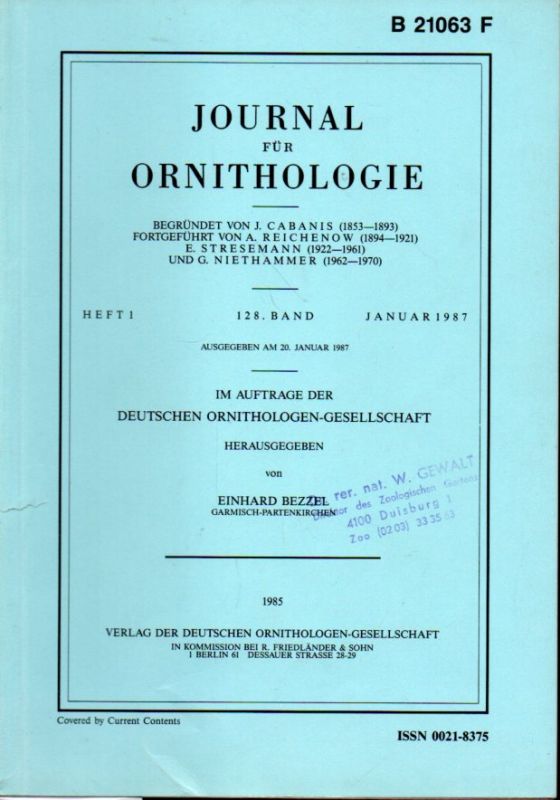 Journal für Ornithologie  Journal für Ornithologie 128.Band 1987 Heft 1-4 (4 Hefte) 