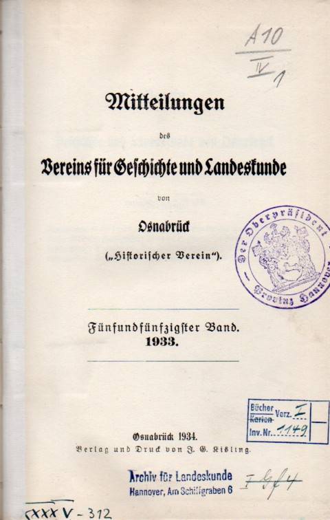 Verein für Geschichte und Landeskunde Osnabrück  Mitteilungen des Vereins 25.Jahrgang 1933 