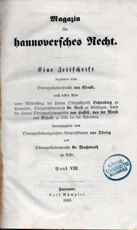 Magazin  für hannoversches Recht.Band VIII.1858 