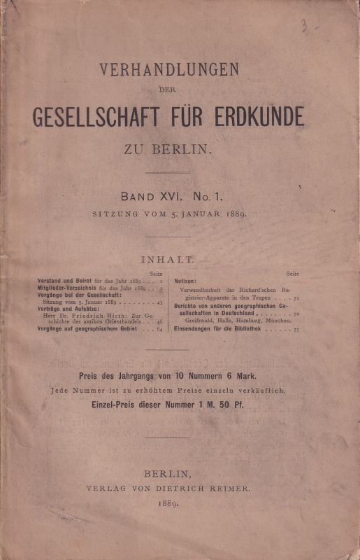 Gesellschaft für Erdkunde zu Berlin  Verhandlungen der Gesellschaft für Erdkunde zu Berlin Band XVI. 1889 