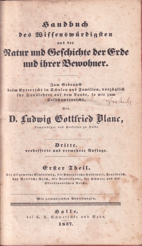 Blanc,Ludwig Gottfried D.  Handbuch des Wissenswürdigsten aus der Natur und Geschichte der Erde 
