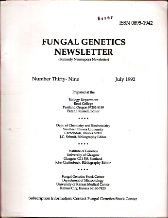 Fungal Genetics Stock Center  Fungal Genetics Newsletter Number Thirty-Nine-Three, July 1992 