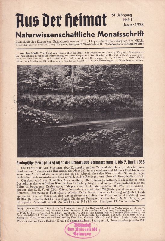 Aus der Heimat  Aus der Heimat 51.Jahrgang 1938.Heft 1 bis 12 (11 Hefte) 