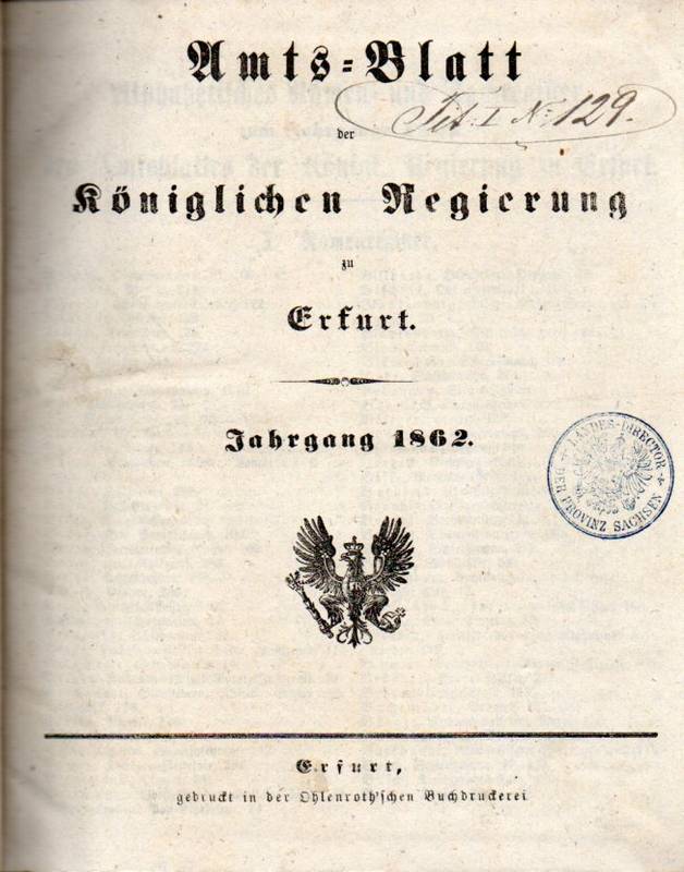Erfurt: Amtsblatt der Königlichen Regierung  Jahrgang 1862 
