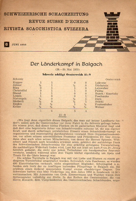 Schweizerische Schachzeitung  Der Länderkampf in Balgach (28.-30.Mai 1955) 