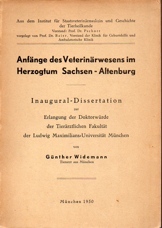 Widemann,Günther  Anfänge des Veterinärwesens im Herzogtum Sachsen-Altenburg 