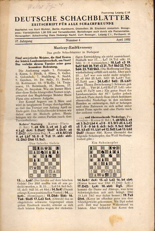 Deutsche Schachblätter  Deutsche Schachblätter 37.Jahrgang 1952,Heft Nr.4 
