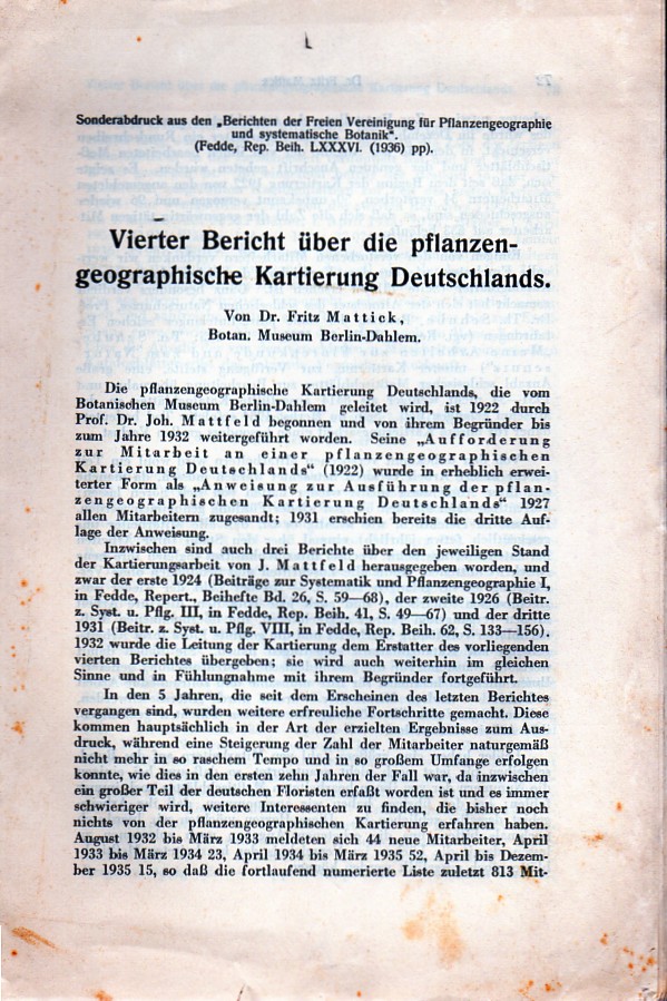 Mattick,Fritz  Vierter Bericht über die pflanzen-geographische Kartierung Deutschland 