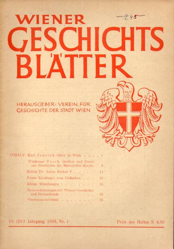 Wiener Geschichtsblätter  Wiener Geschichtsblätter 10. (70.) Jahrgang 1955 Nr.1 und 2 (2 Hefte) 