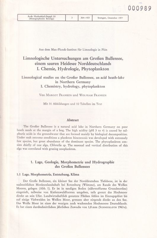 Franken,Margot und Wolfram Franken  Limnologische Untersuchen am Großen Bullensee Teil 1 und 2 (2 Teile) 