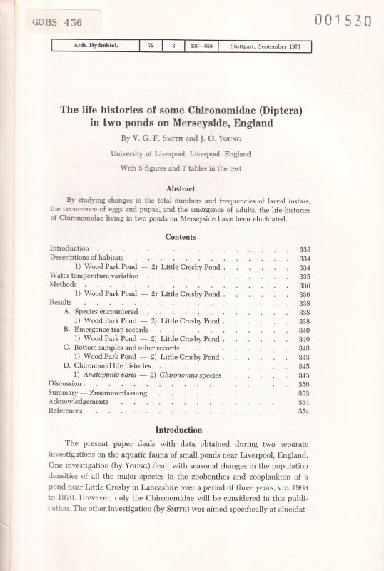 Smith,V.G.F. and J.O.Young  The life of some Chironomidae (Diptera) in two ponds on Merseyside 