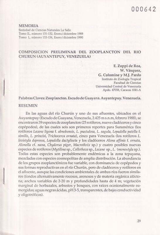 Roa,E.Zoppi de et W.Vasquez et G.Colomine  Composicion Preliminar del Zooplancton del Rio Churun (Auyantepuy 