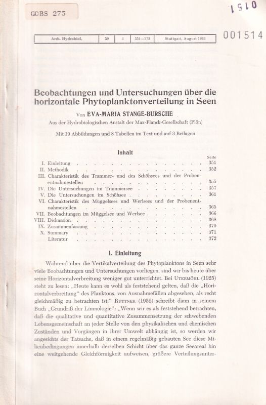 Stange-Bursche,Eva-Maria  Beobachtungen und Untersuchungen über die horizontale 