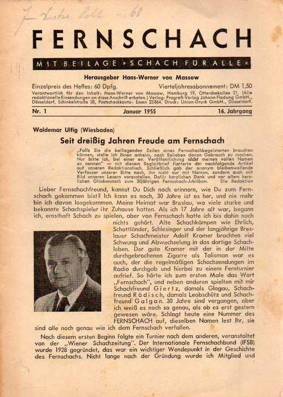 Fernschach  Fernschach 16. Jahrgang 1955 Hefte Nr.1,2,6,9,10,11 (6 Hefte) 