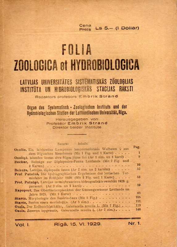 Folia Zoologica et Hydrobiologica  Folia Zoologica et Hydrobiologica Volume I. Heft Nr.1 (1 Heft) 