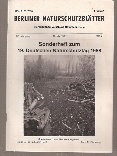 Berliner Naturschutzblätter  Sonderheft zum 19.Deutschen Naturschutztag 1988 