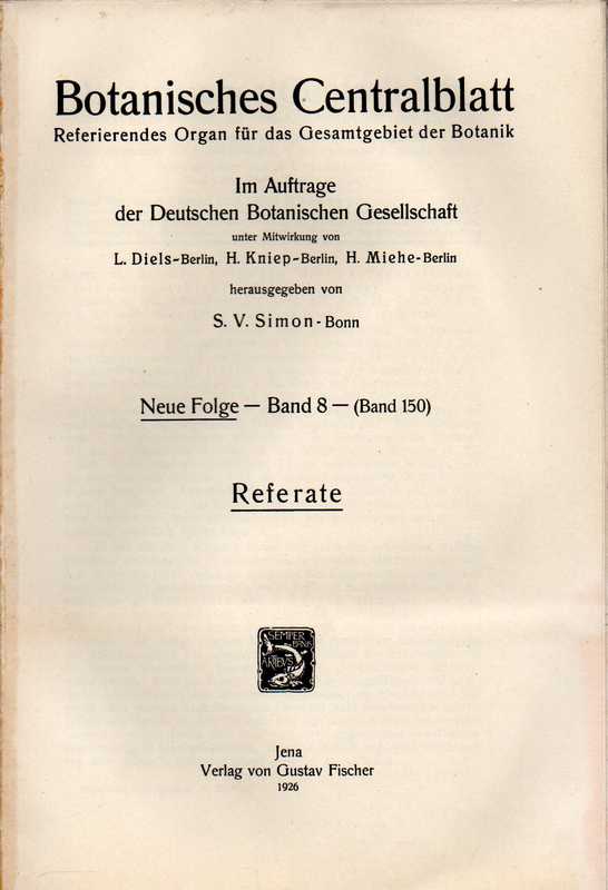 Botanisches Centralblatt  Neue Folge Band 8 (Band 150) 1926 Heft 1/2-14/15 