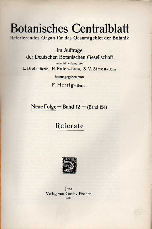Botanisches Centralblatt  Neue Folge Band 12 (Band 154) 1928 Heft 1/2-15 