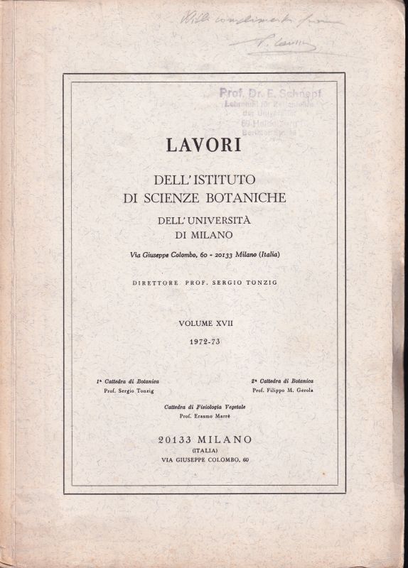 Institute of Botanical Sciences of Milan  Publications Volume XVII. 1972-73. No. 502 bis 567 