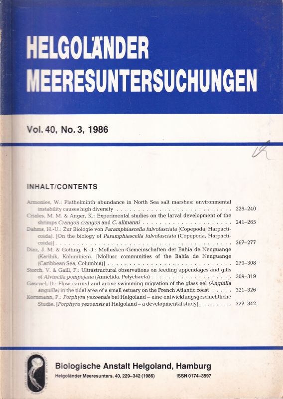 Helgoländer Meeresuntersuchungen  Helgoländer Meeresuntersuchungen Volume 40 Heft Nr.3, 1986 