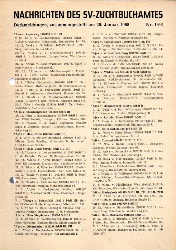 Verein für Deutsche Schäferhunde (SV)  Nachrichten des Zuchtbuchamtes Jahr 1968 
