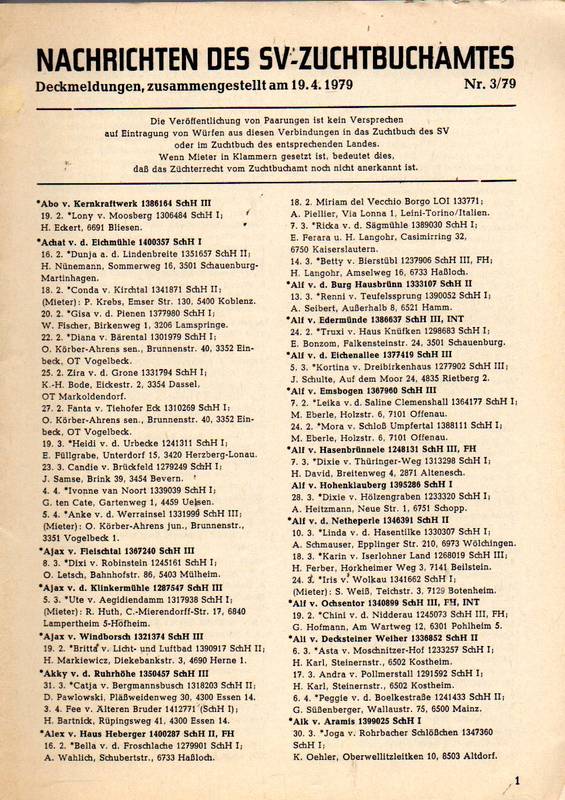 Verein für Deutsche Schäferhunde (SV)  Nachrichten des Zuchtbuchamtes Jahr 1979 