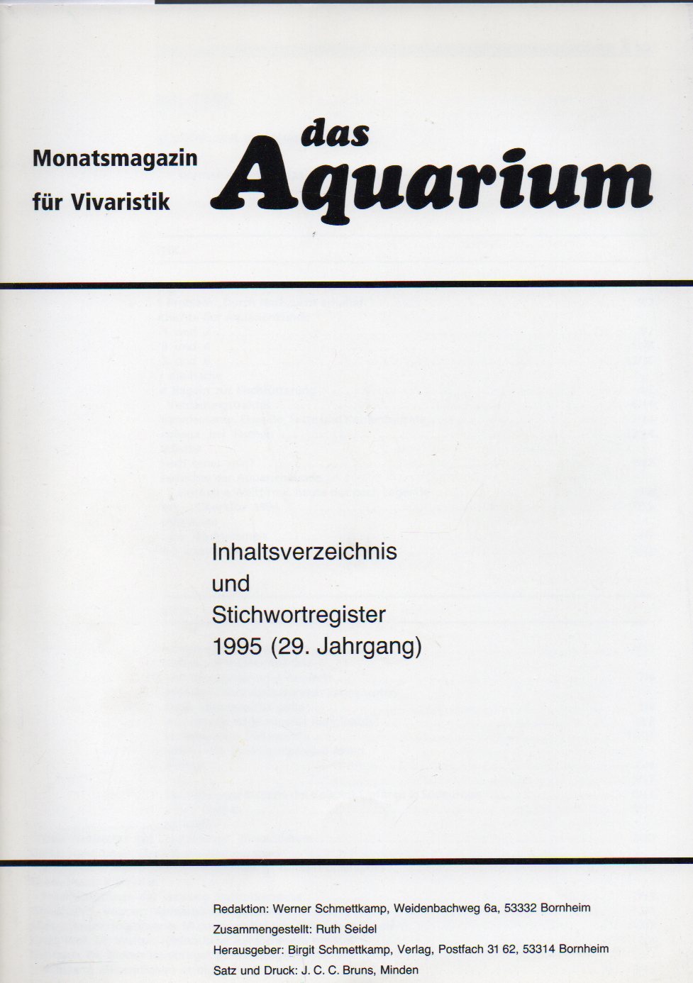Das Aquarium  29.Jg.1995,nur Inhaltsverzeichnis und Stichwortregister 