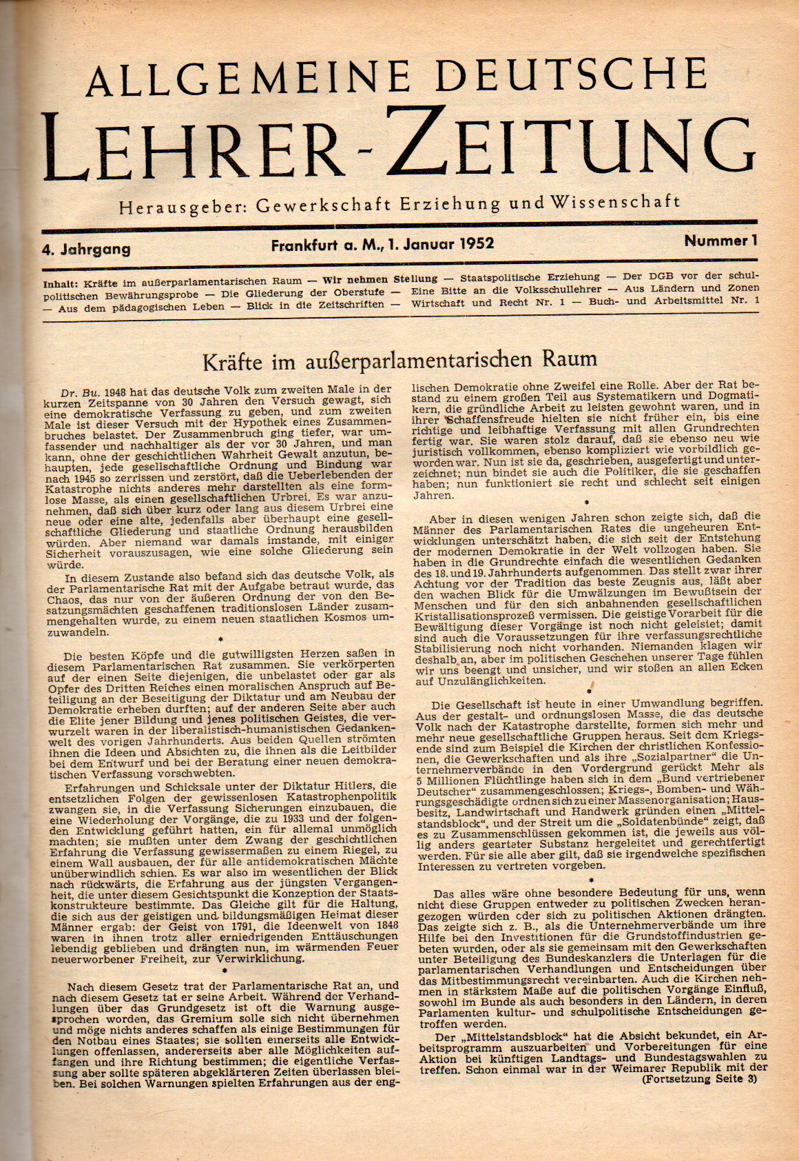 Allgemeine Deutsche Lehrer-Zeitung  Allgemeine Deutsche Lehrer-Zeitung 4.Jahrgang 1952 und eingebunden 
