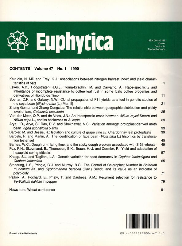 Euphytica  Euphytica Volume 47, 1990 No. 1 bis 3 (3 Hefte) 