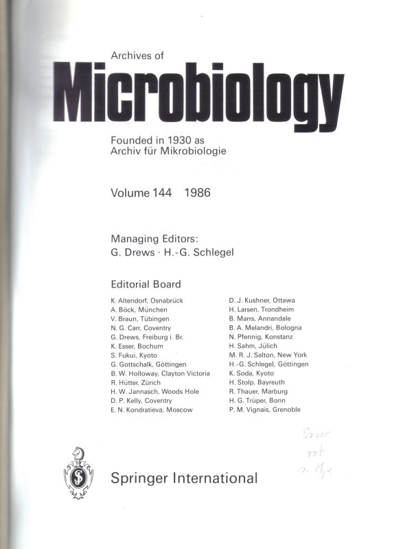 Archives of Microbiology  Archives of Microbiology Volume 144 und 145, Jahr 1986 (1 Band) 