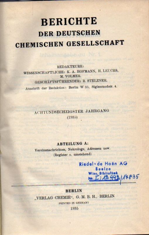Deutsche Chemische Gesellschaft  Berichte der Deutschen Chemischen Gesellschaft 68.Jahrgang 1935 