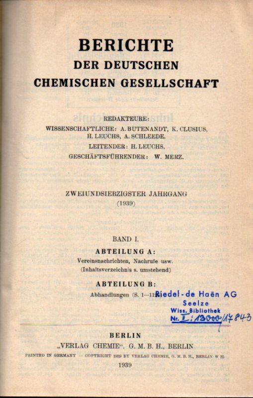 Deutsche Chemische Gesellschaft  Berichte der Deutschen Chemischen Gesellschaft 72.Jahrgang 1939 