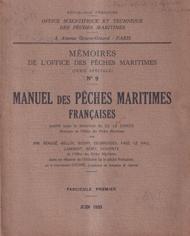 Manuel des peches maritimes francaises,Fasc.1  Memoires de l'office des peches maritimes No.9 