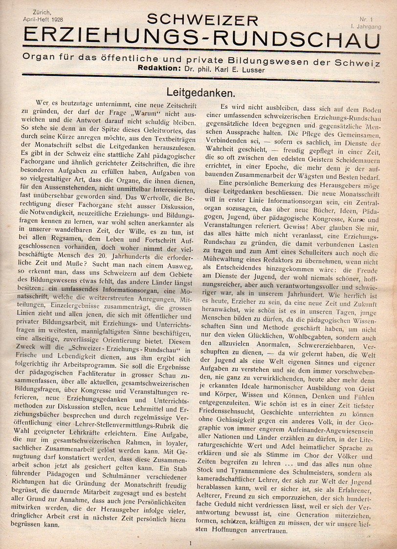 Schweizer Erziehungs-Rundschau  Schweizer Erziehungs-Rundschau I.Jahrgang 1928 Nr.1 bis 12 