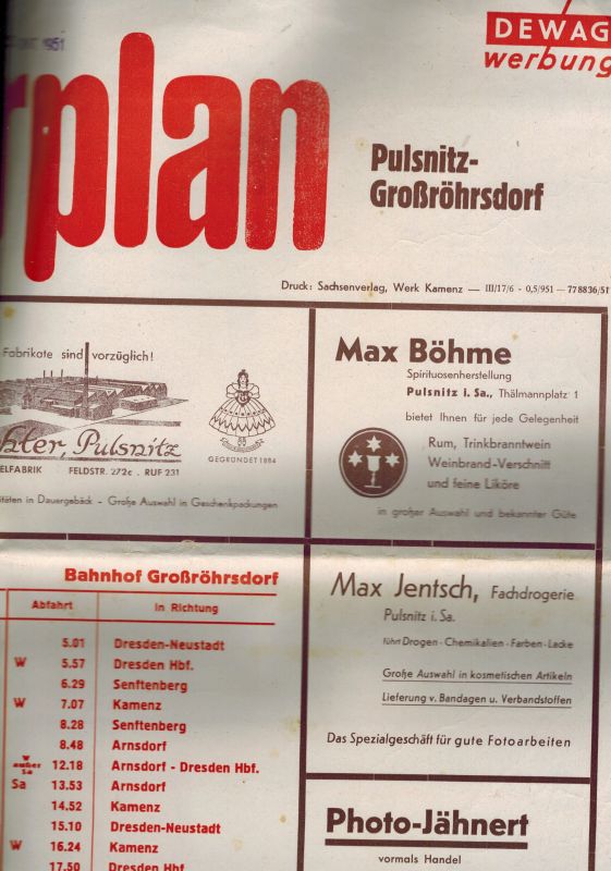 DEWAG Werbung  Aushang-Fahrplan Pulsnitz-Großröhrsdorf vom 30.Oktober 1951 