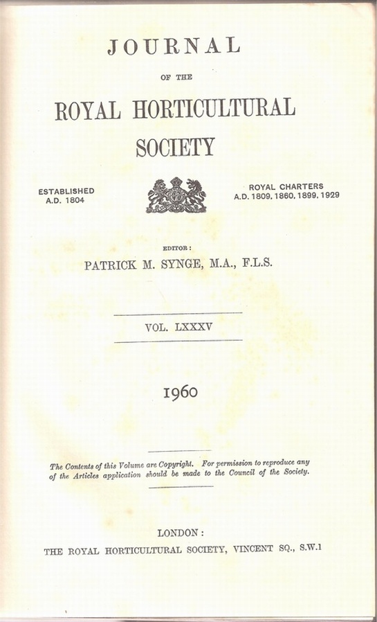 Journal of the Royal Horticultural Society  Volume LXXXV Part One - Part Twelve (1960) 