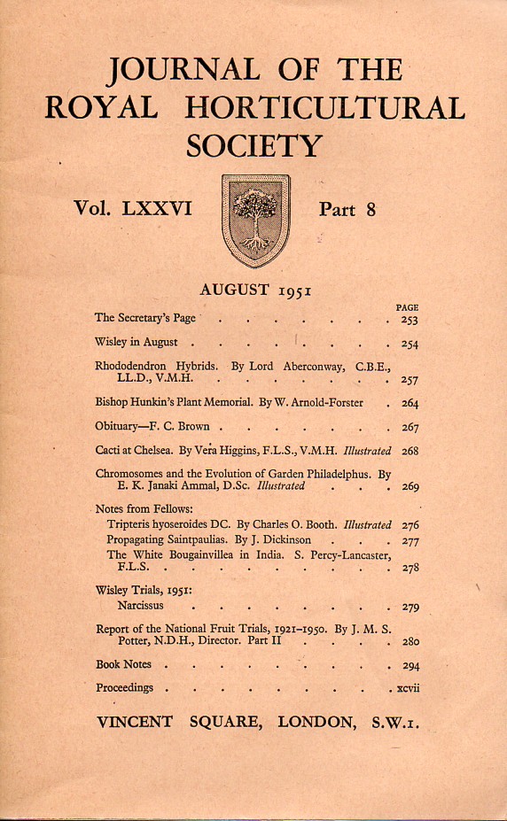 Journal of the Royal Horticultural Society  Volume LXXVI. Part 8 August 1951 