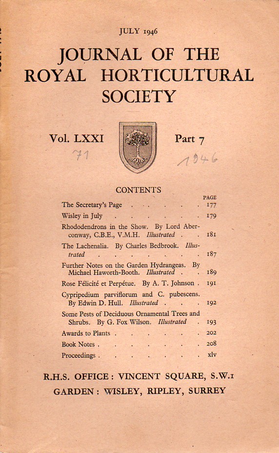 Journal of the Royal Horticultural Society  Volume LXXI. Part 7 July 1946 