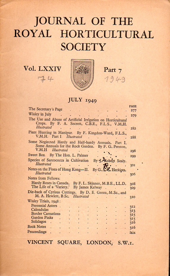 Journal of the Royal Horticultural Society  Volume LXXIV. Part 7 July 1949 