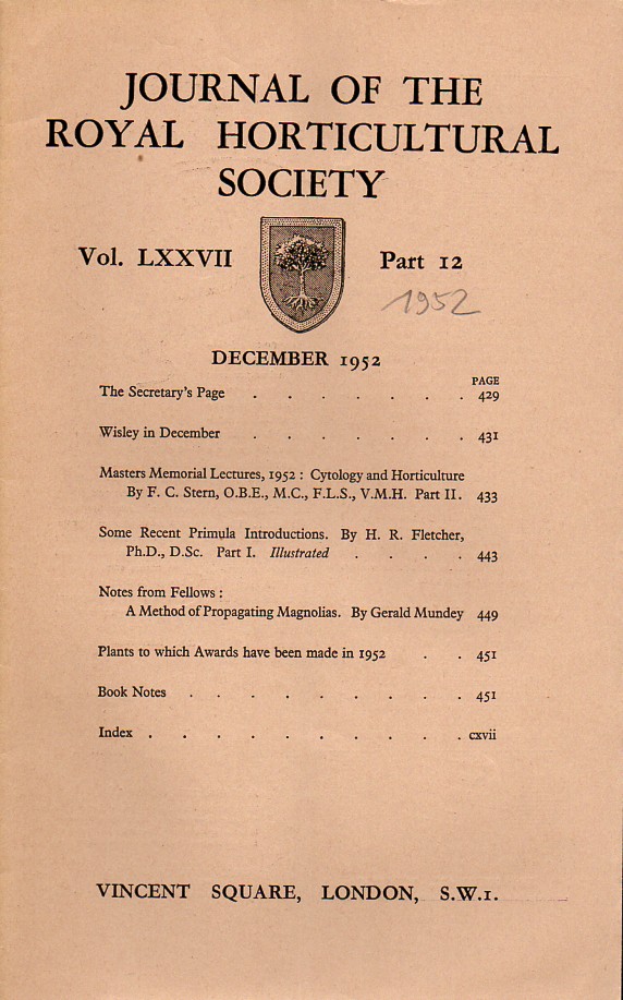 Journal of the Royal Horticultural Society  Volume LXXVII. Part 12 December 1952 