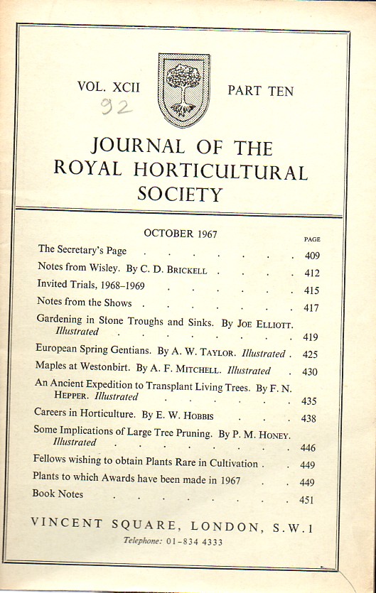 Journal of the Royal Horticultural Society  Volume XCII. Part 10 October 1967 