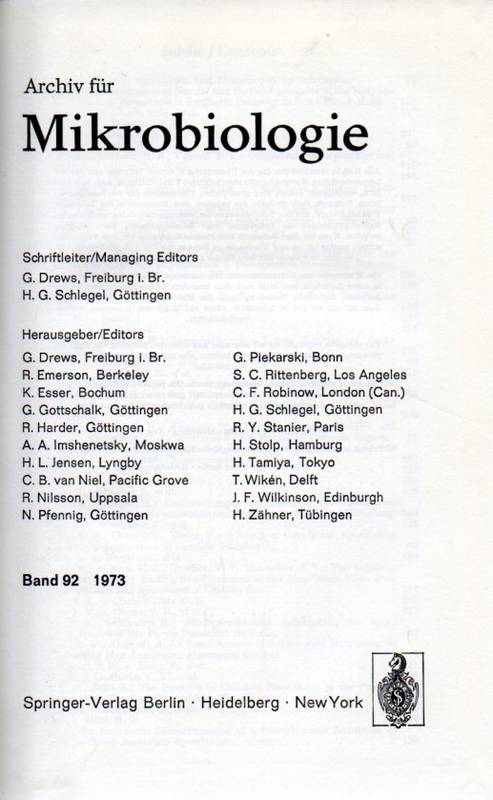 Archiv für Mikrobiologie  Archiv für Mikrobiologie Band 92 und Band 93,Jahr 1973 (1 Band) 