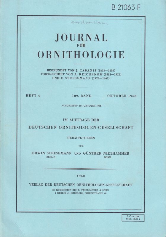 Journal für Ornithologie  Journal für Ornithologie 109. Band 1968 Heft 4 (1 Heft) 